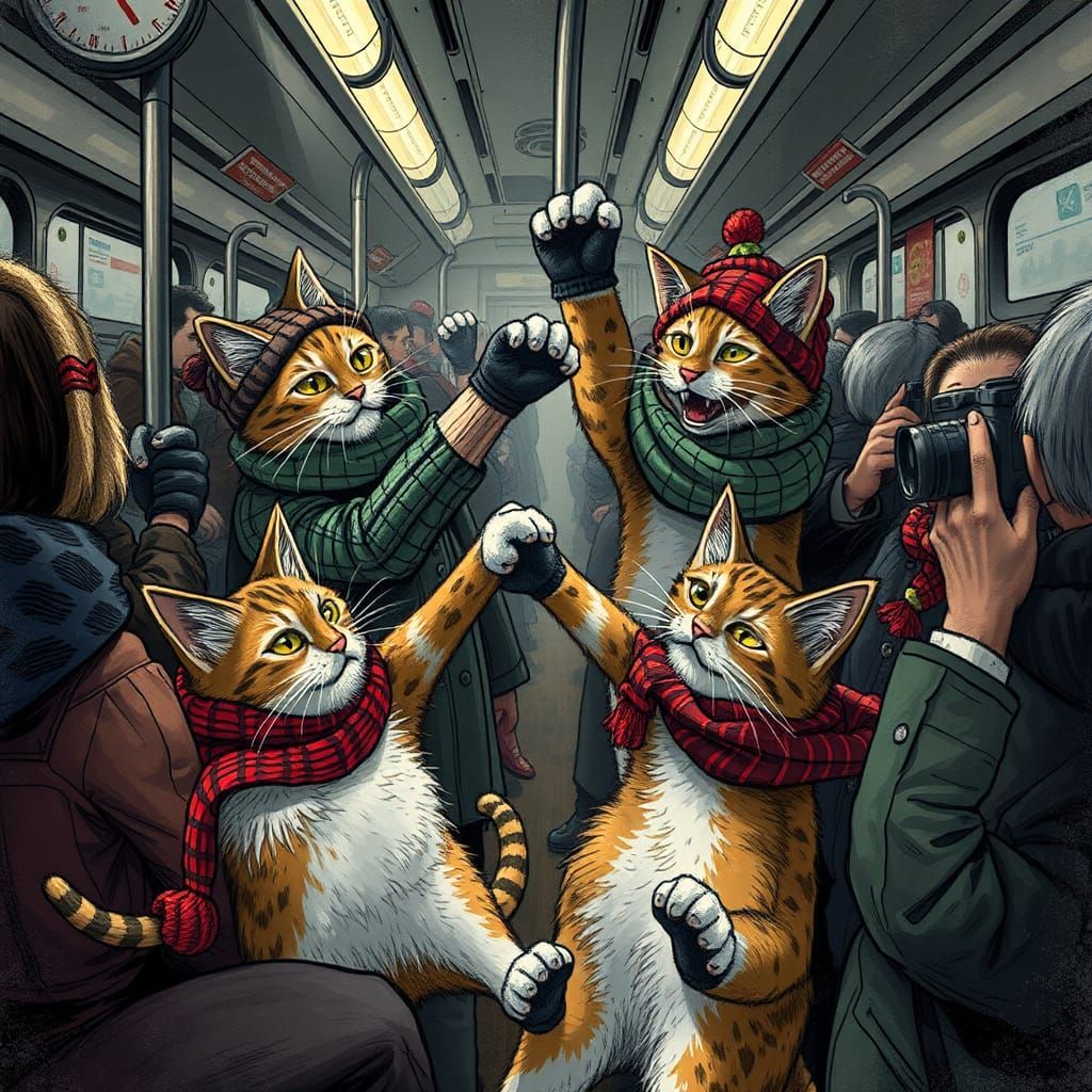 Playful Feline Fight on Crowded Train, Stylized Art