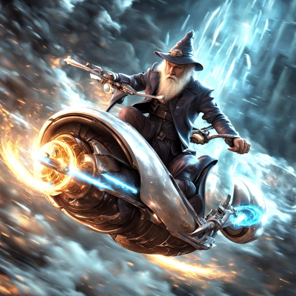 Wizard Soars on Futuristic Hoverbike in Hyperdynamic Dreamco...