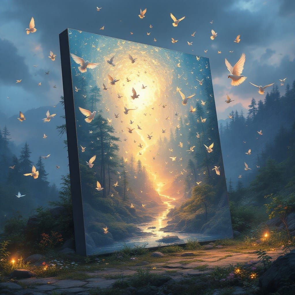 Surreal Landscape Canvas with Magical Birds