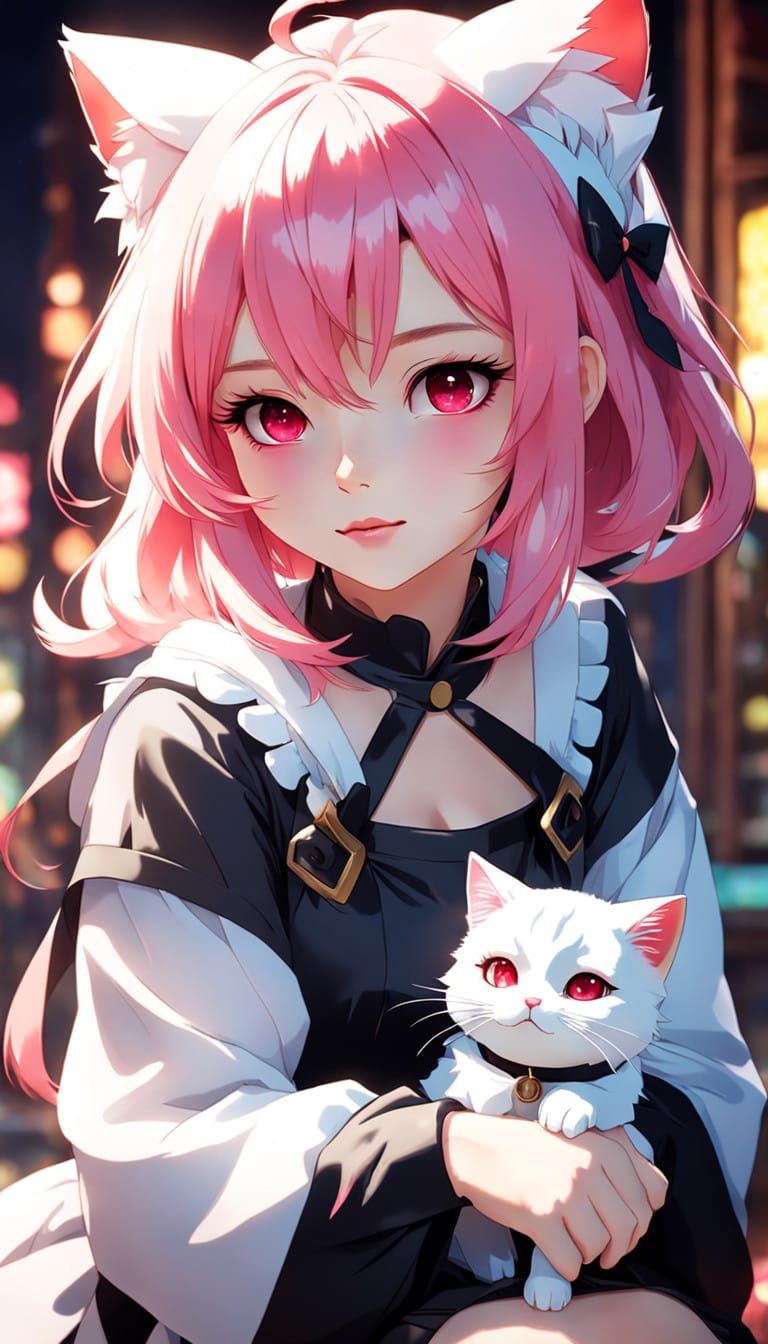 Enchanting Feline Maiden with Vibrant Pink Hair and Red Eyes