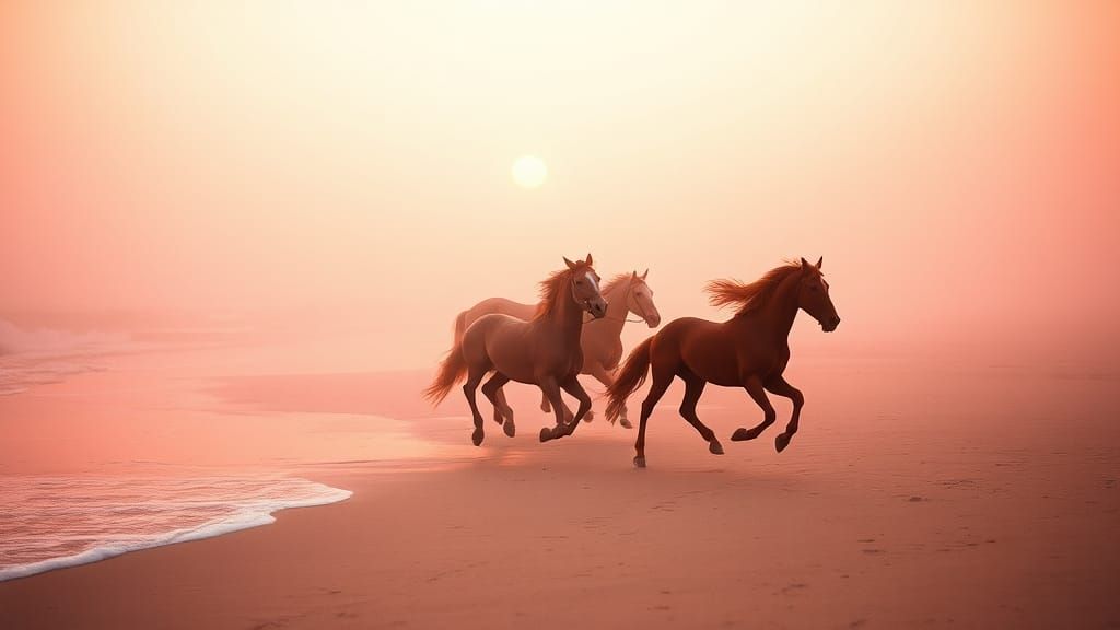 Horses Gallop on Beach in Pastel Punk Style