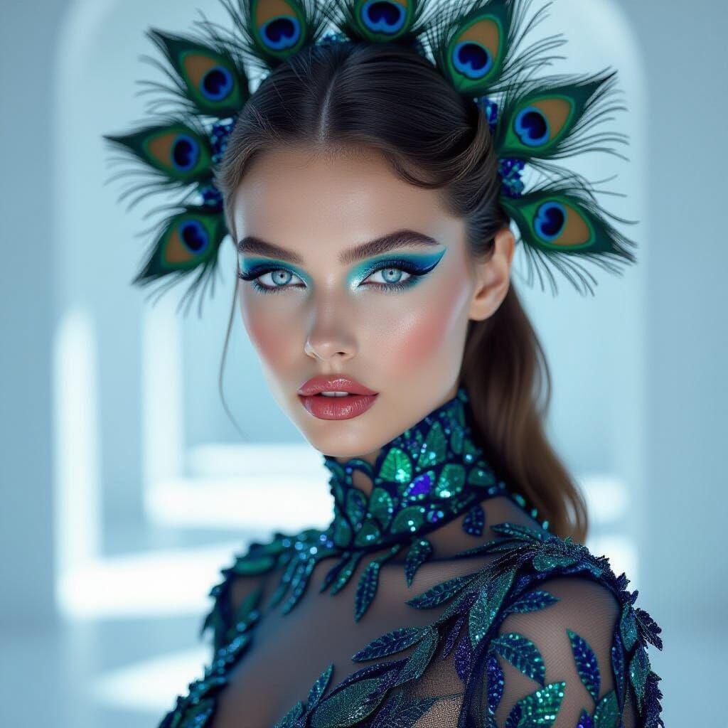 Hyperrealistic Fashion Model in Iridescent Gown