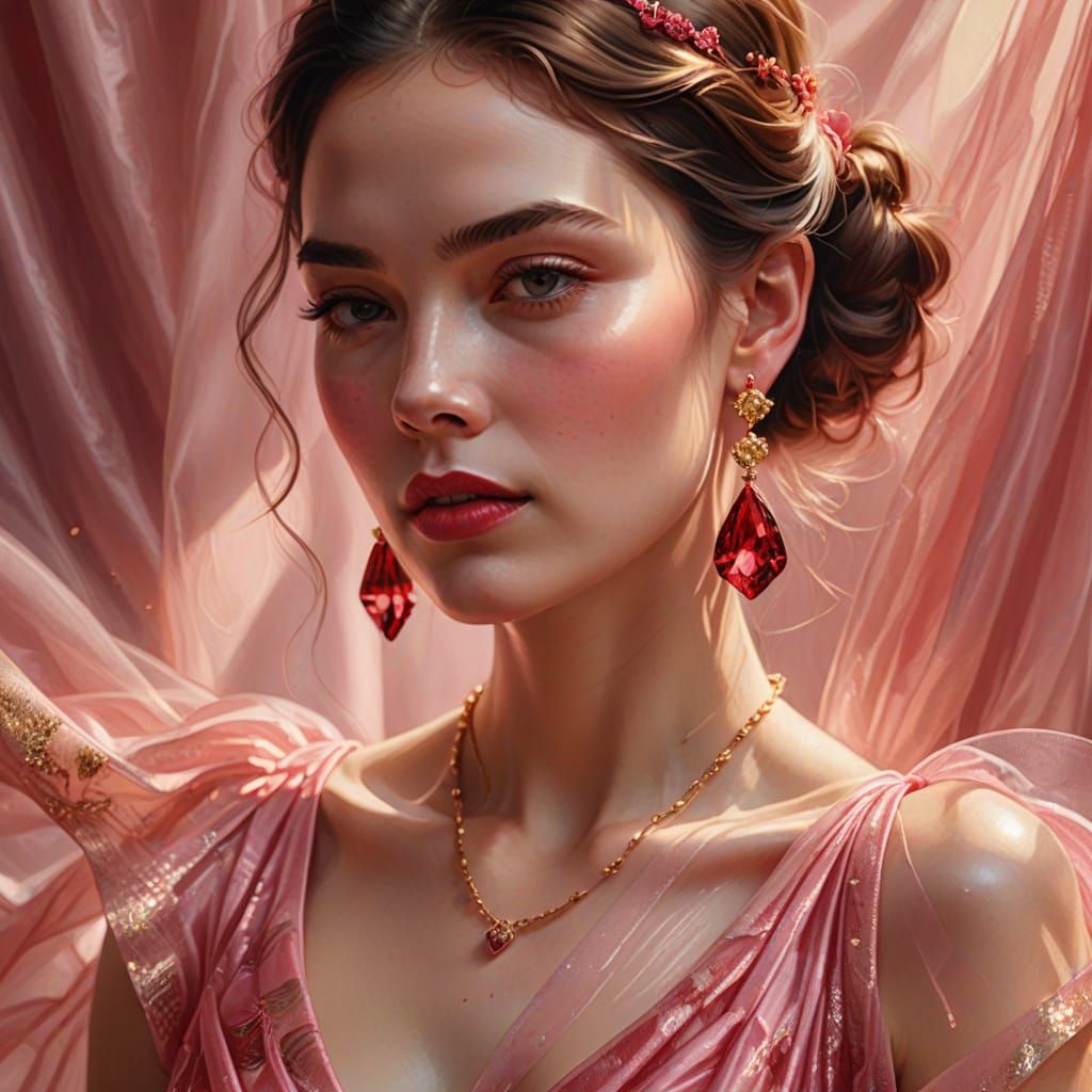 Elegant Woman in Pink Sheer Dress with Red Earrings