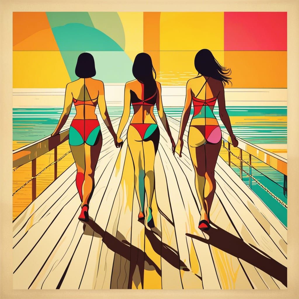 Women on Boardwalk in Pop Art Style