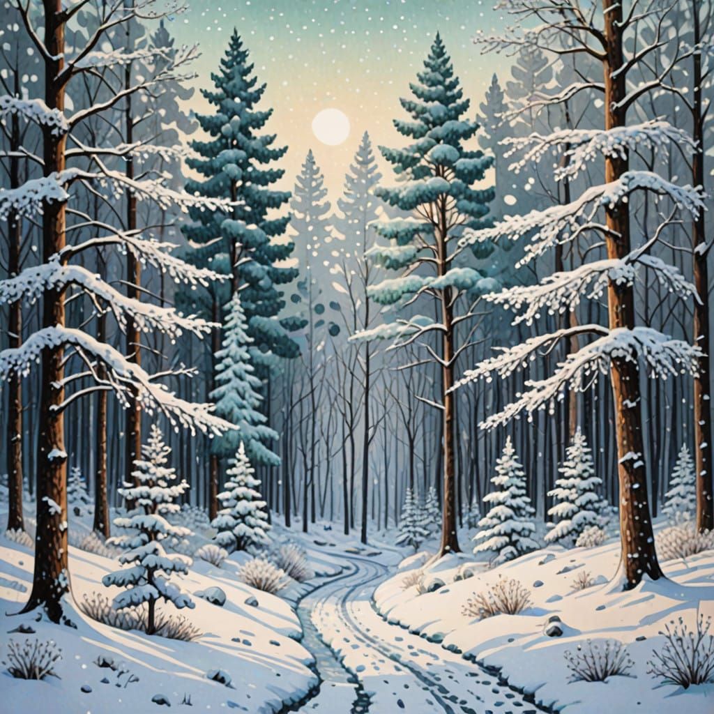 Winter Forest in Pointillist Details