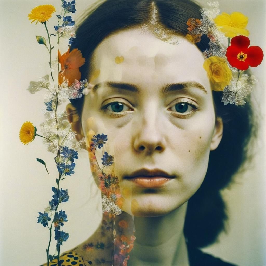 Surrealistic Portrait of a Woman Amidst Blooming Flowers in...