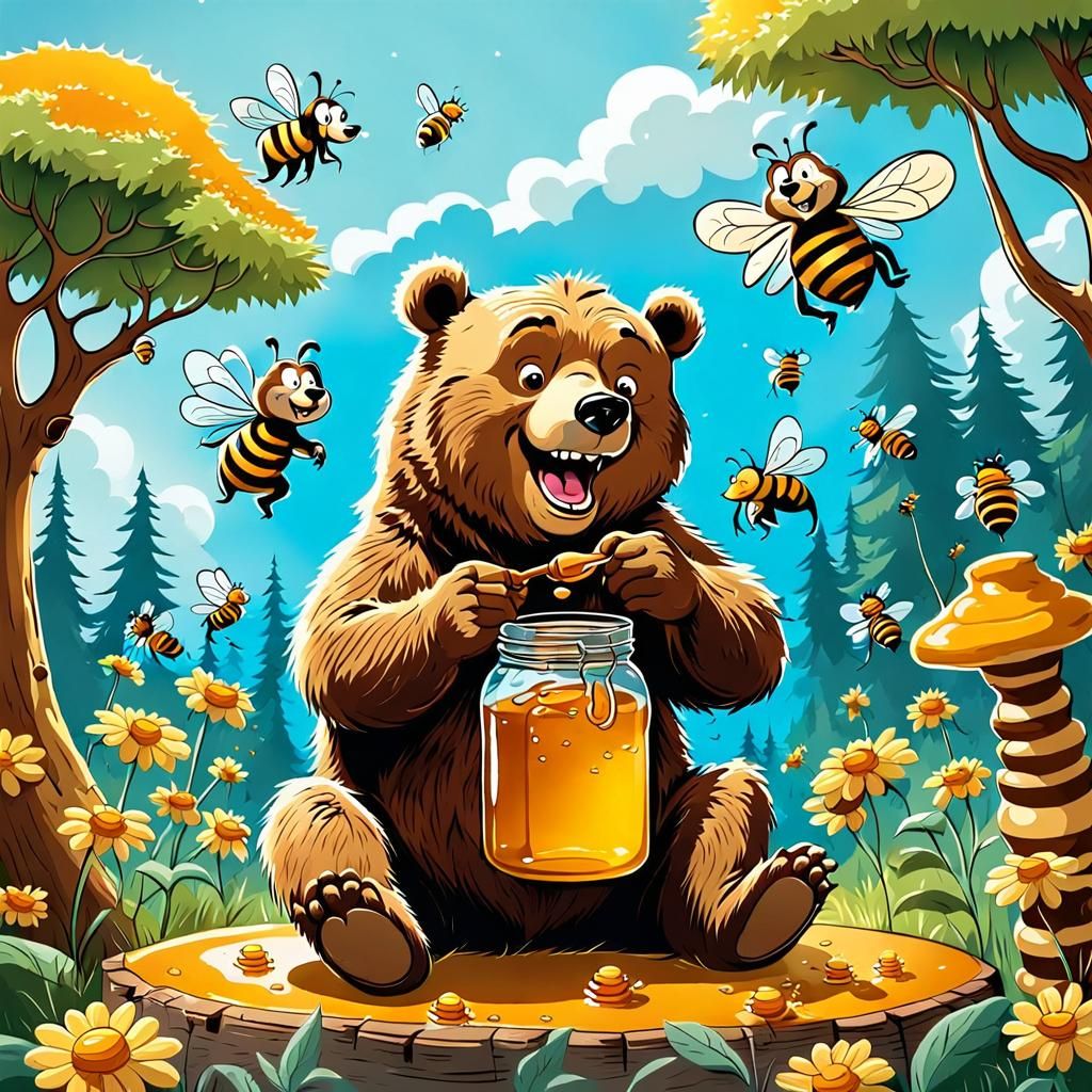 Happy Cartoon Bear with Honey, Dr. Seuss Style
