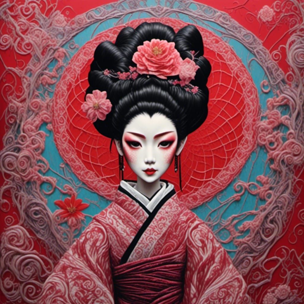 Quilted Geisha Illustration in Bisa Butler Style