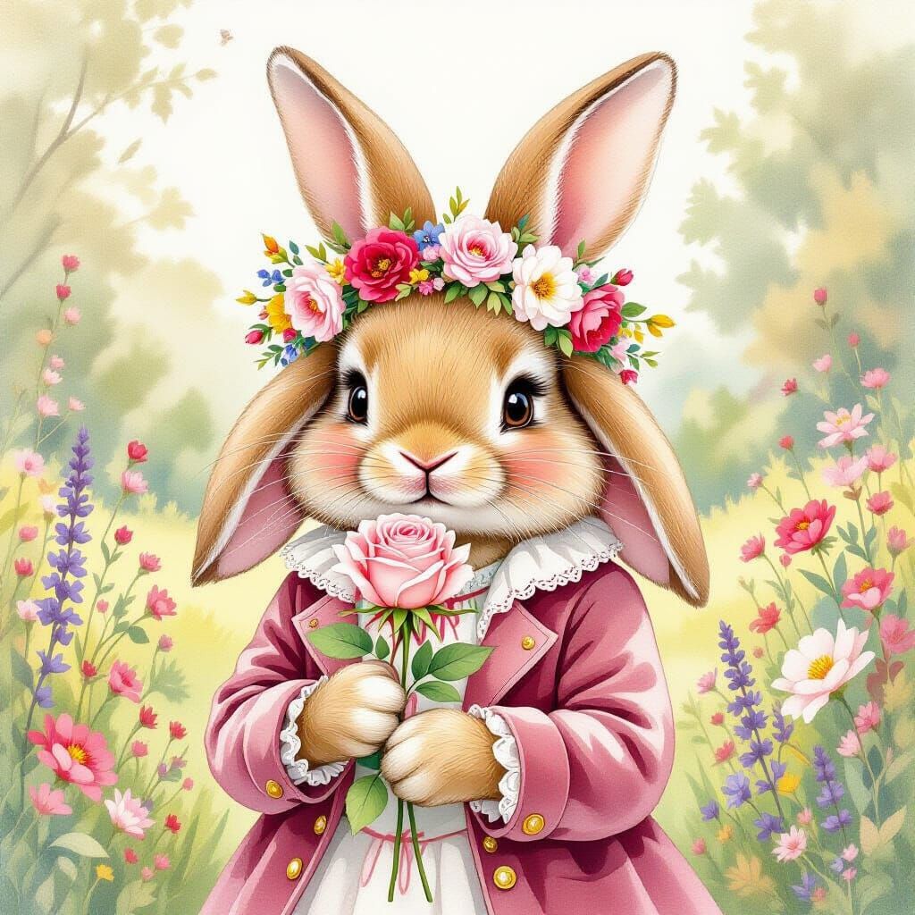 Bunny with Rose in Beatrix Potter Style