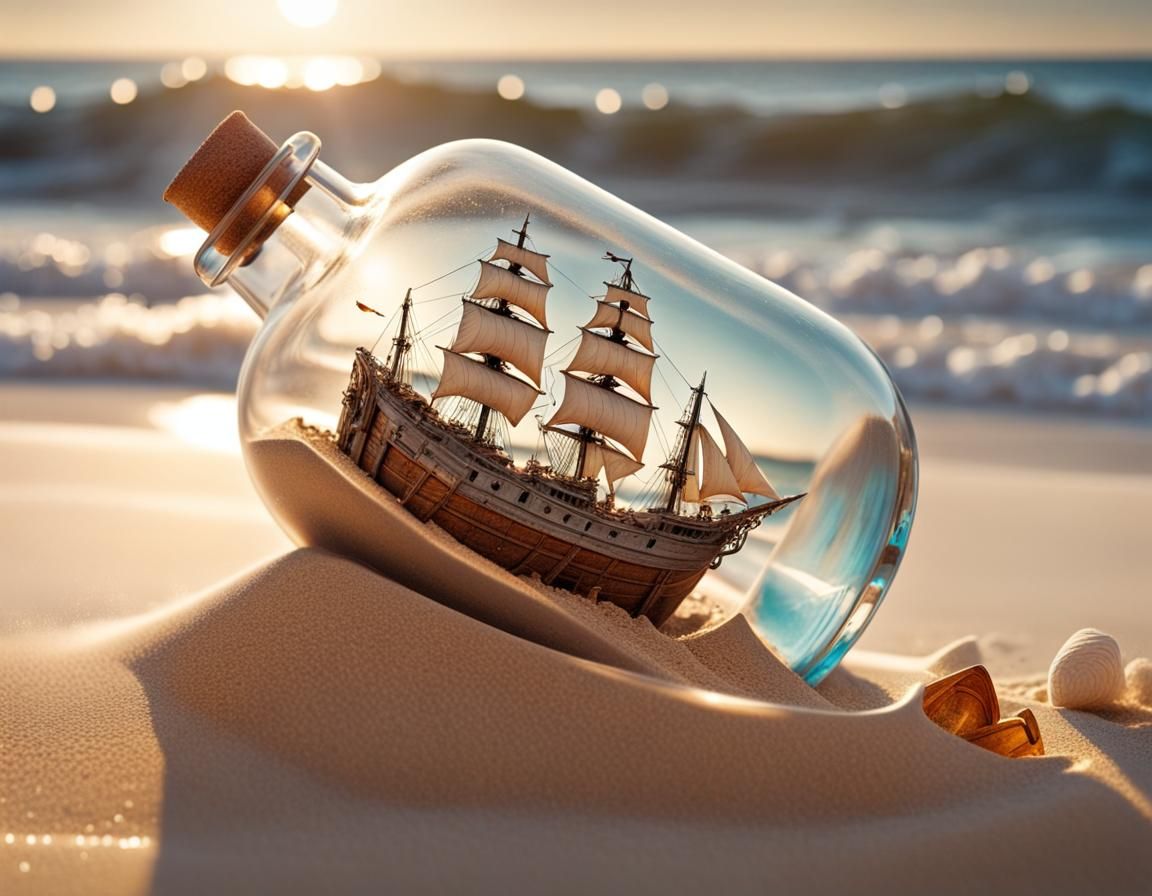 Ship in a Bottle on Beach at Sunset