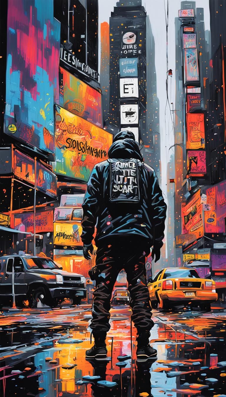 Times Square Word Construction in Graffiti Art Style