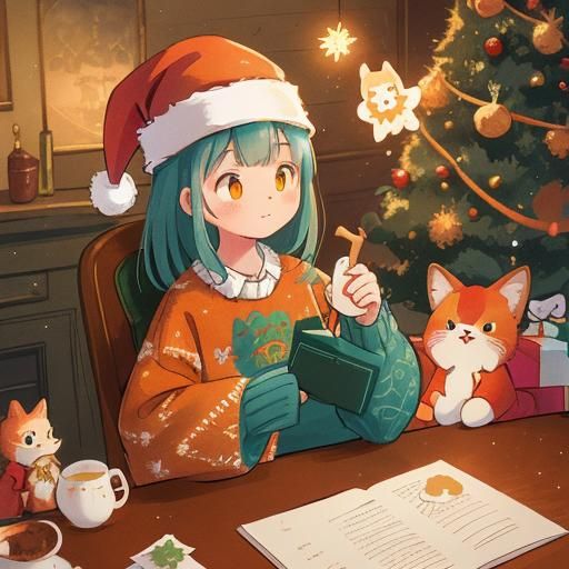 Whimsical Kitten in Festive Sweater and Santa Hat