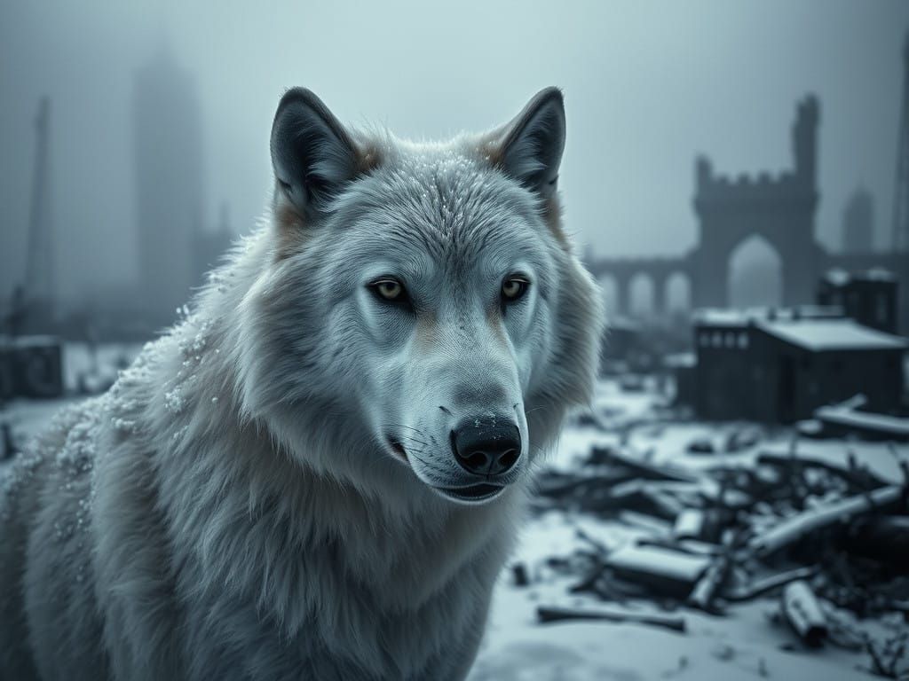 Post-Apocalyptic Wolf in a Ruined Cityscape in Hyperrealisti...