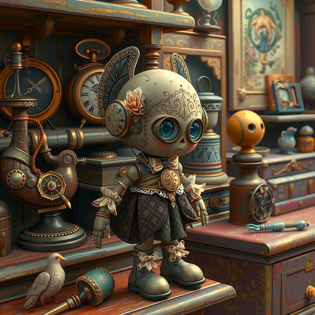 Whimsical Robot in Ball Gown Explores Antique Shop