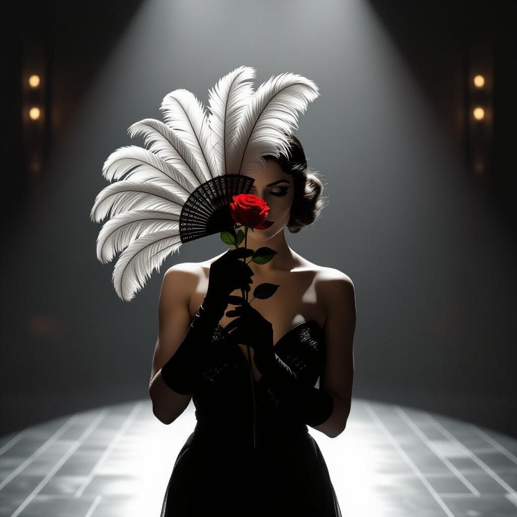 Showgirl in Dimly Lit Art Deco Theater Holding Rose
