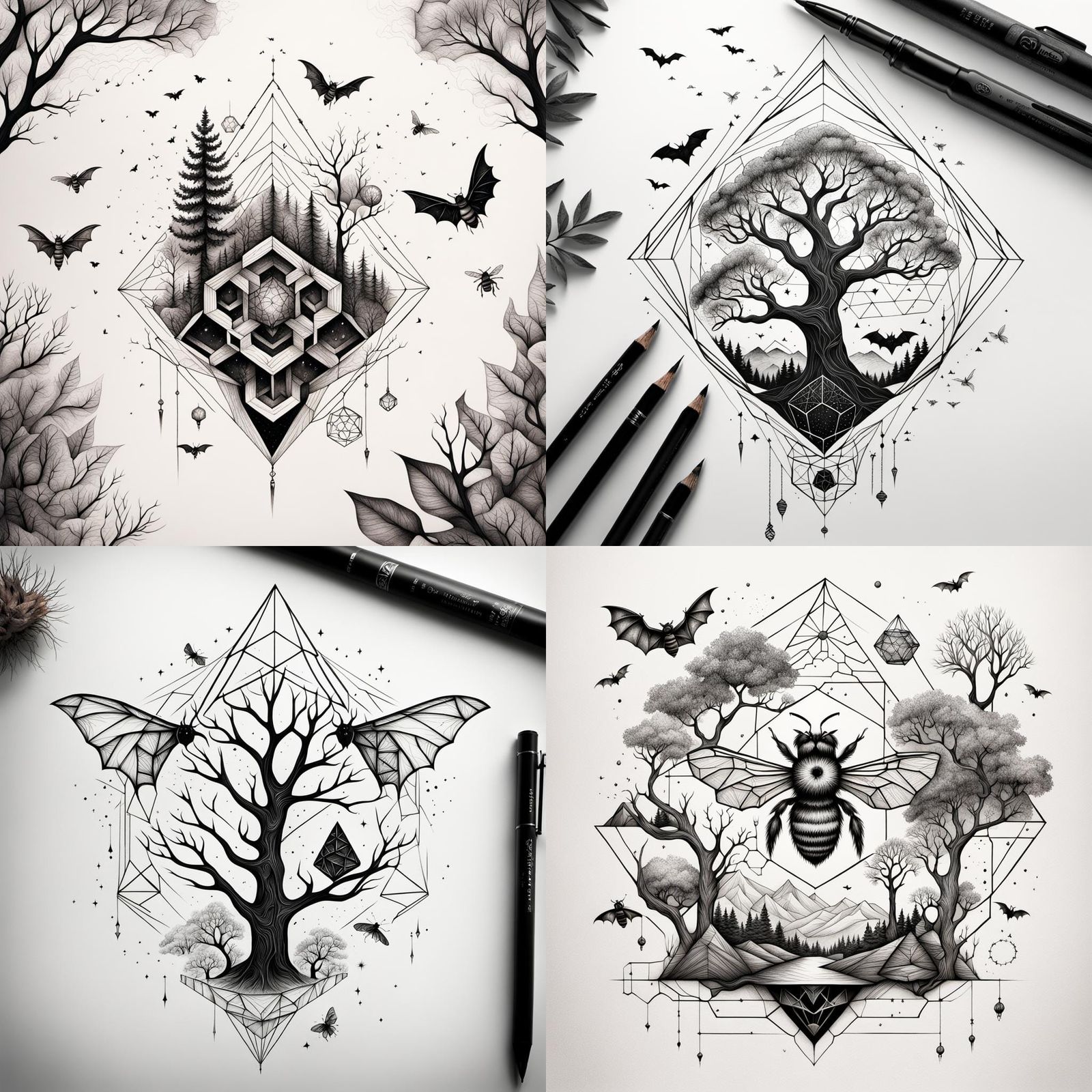 Geometric Nature Tattoo Design in Surreal Style