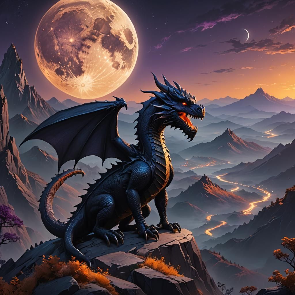 Black Dragon Watches Moon: Fantasy Concept Art