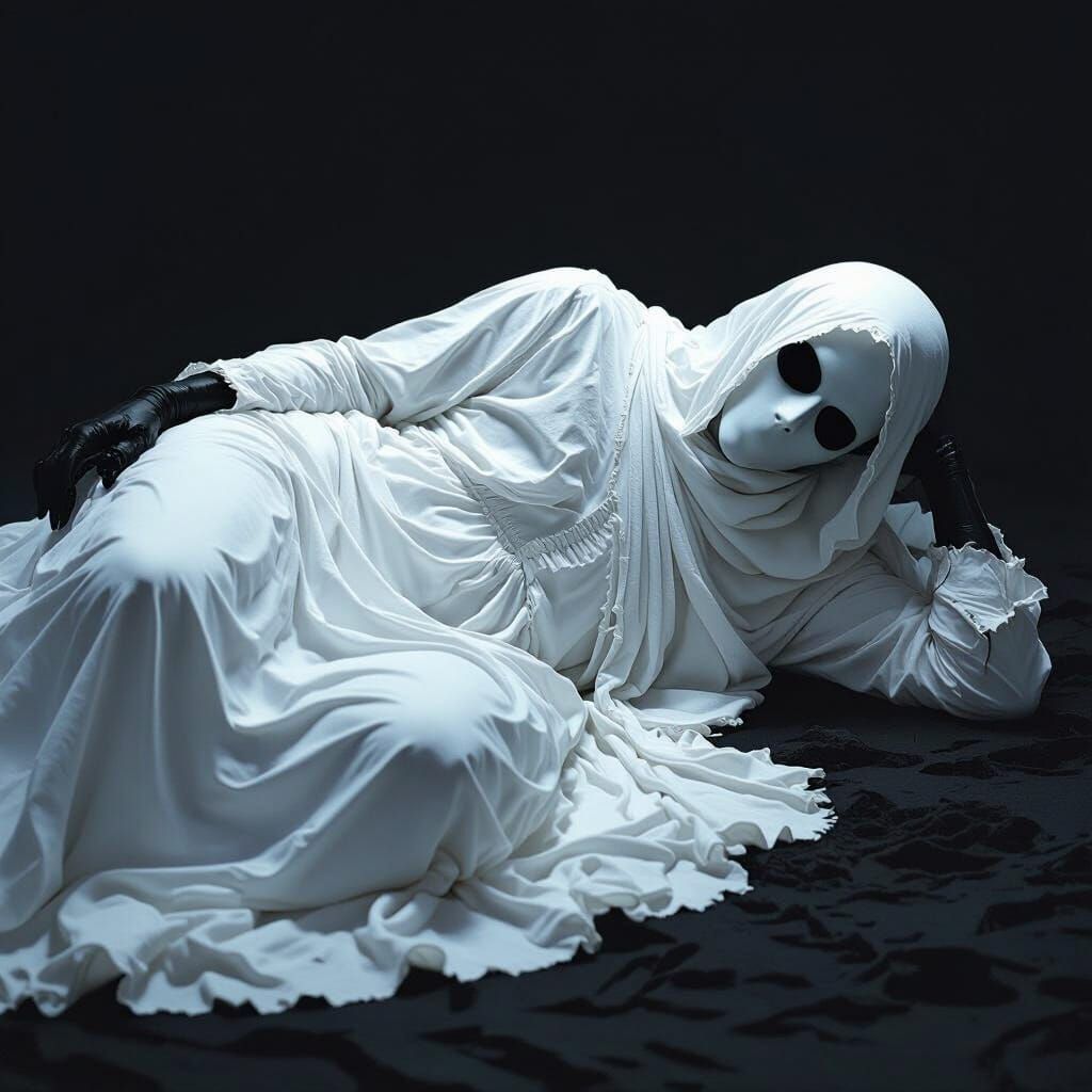 Eerie White Figure in Darkness, Surrealist Art