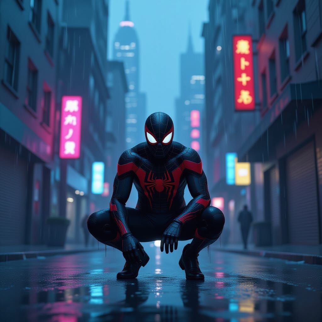 Cyberpunk Spider-Man in Rain-Soaked Cityscape