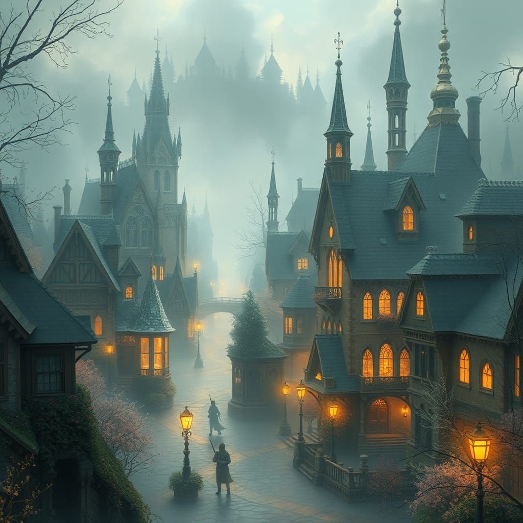 Ethereal String City in a Thomas Kinkade Style