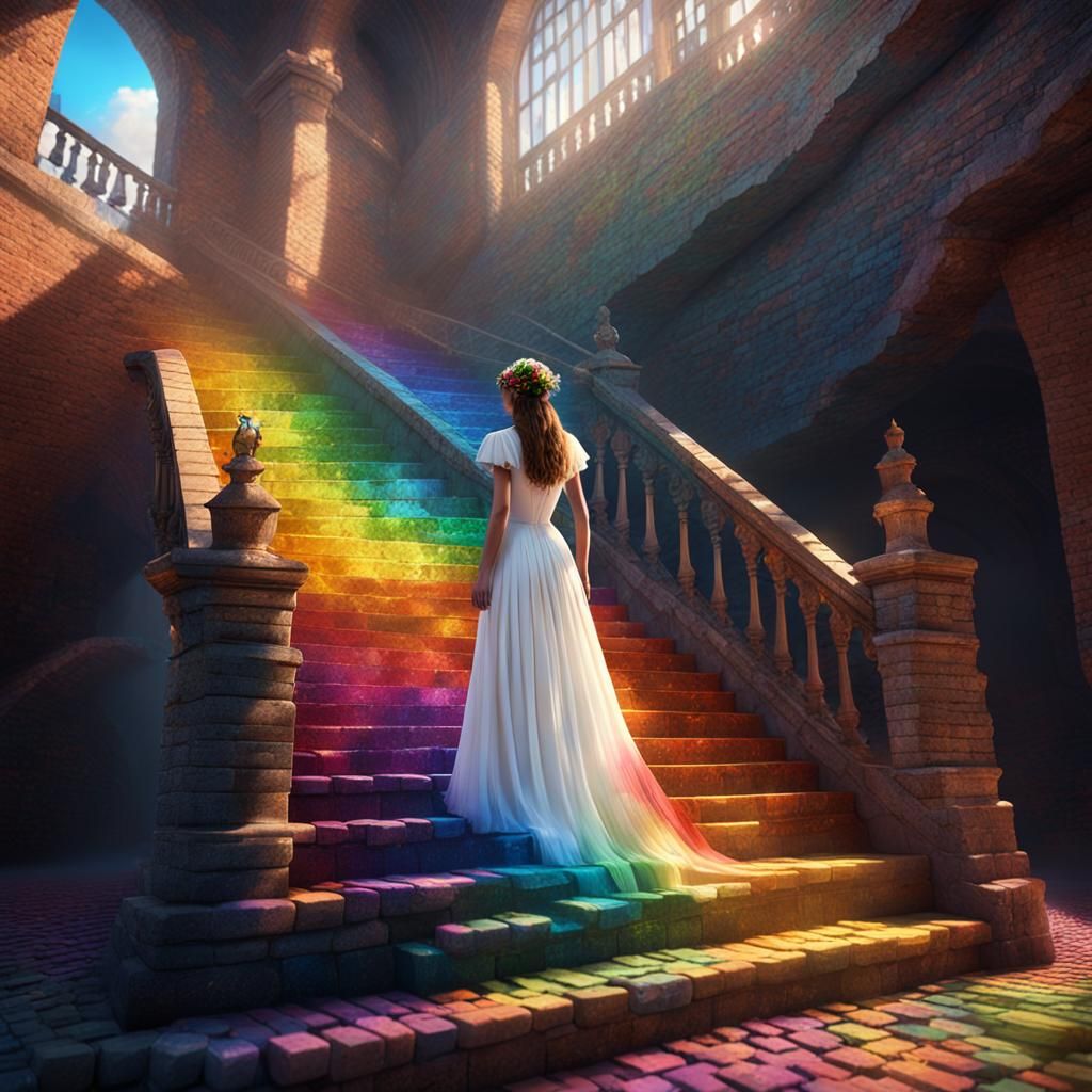 Rainbow Stairway Tower with Woman, Detailed Digital Painting