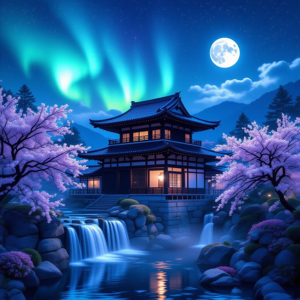 Japanese House Under Aurora Borealis