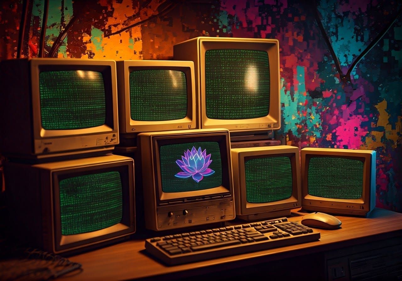 1980s Hacker Room with Lotus Flower in Cyberpunk Style
