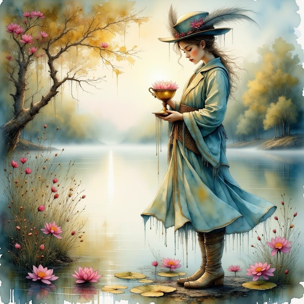 Romantic Youth Receives Ethereal Message by Misty Lake