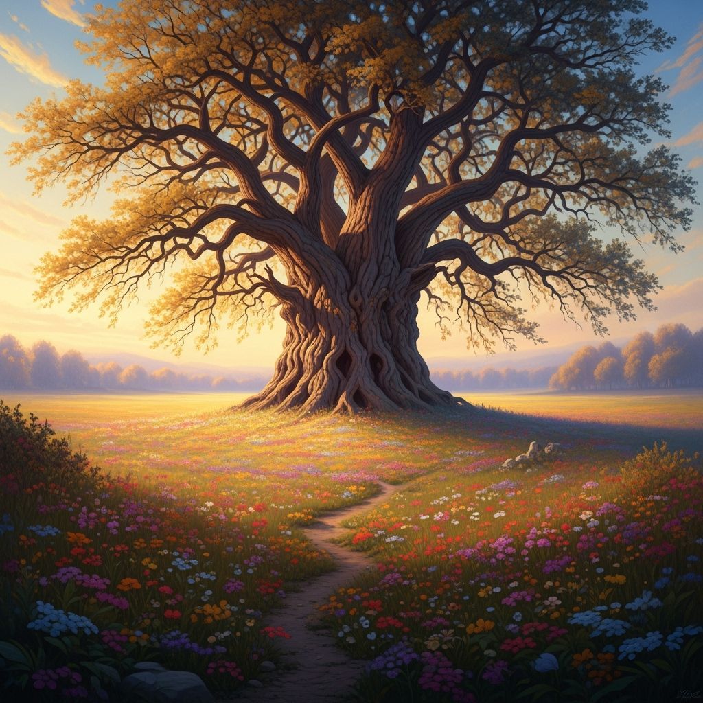 A colossal, ancient tree grows from the center of a field of...