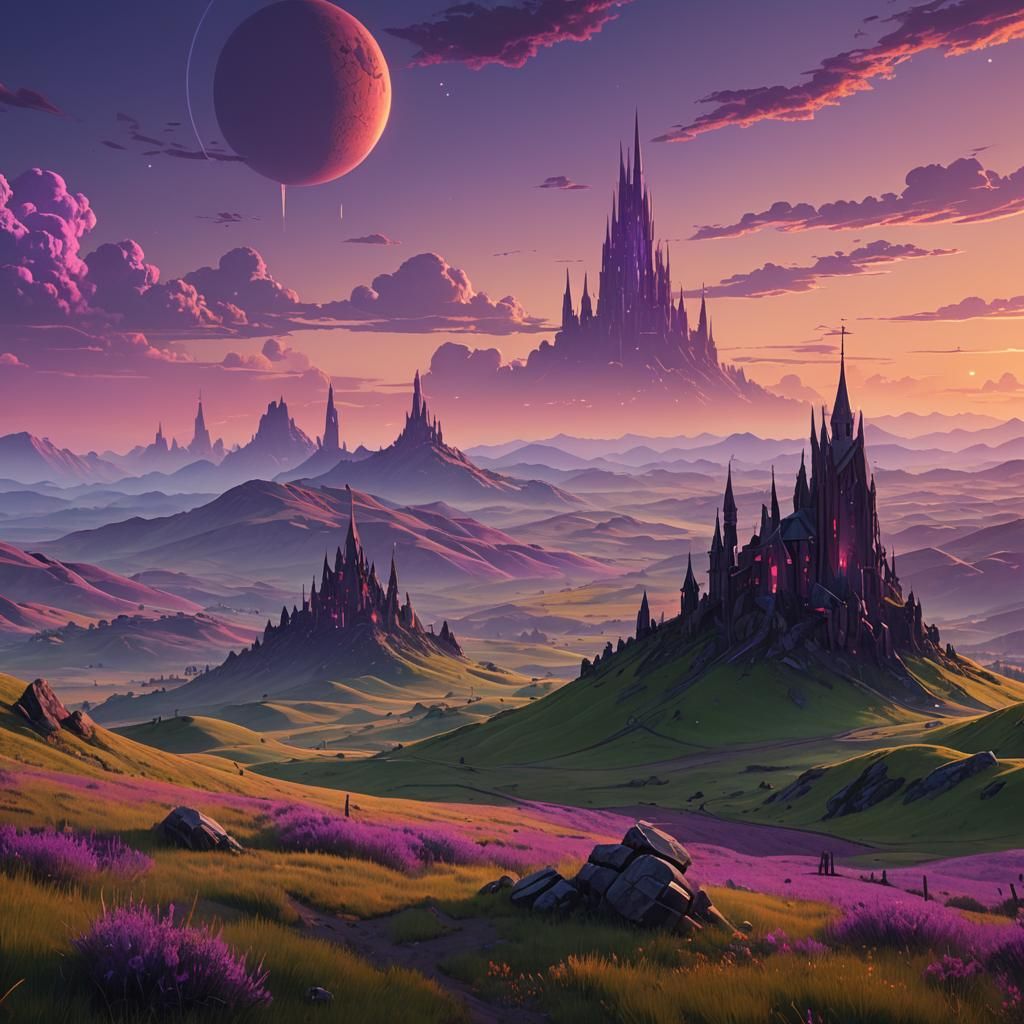 Triple Suns over Alien Runestone Landscape