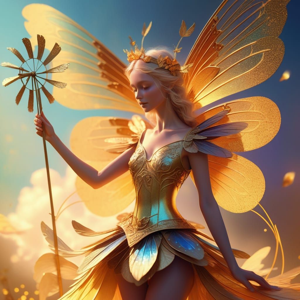 Windmill Fairy with Iridescent Wings: Fantasy Art