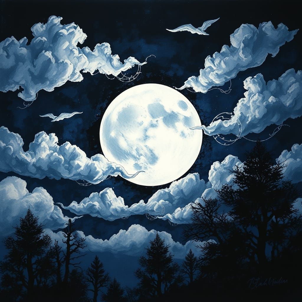 Luminous Dark Moon Amidst Shimmering Silvery Clouds