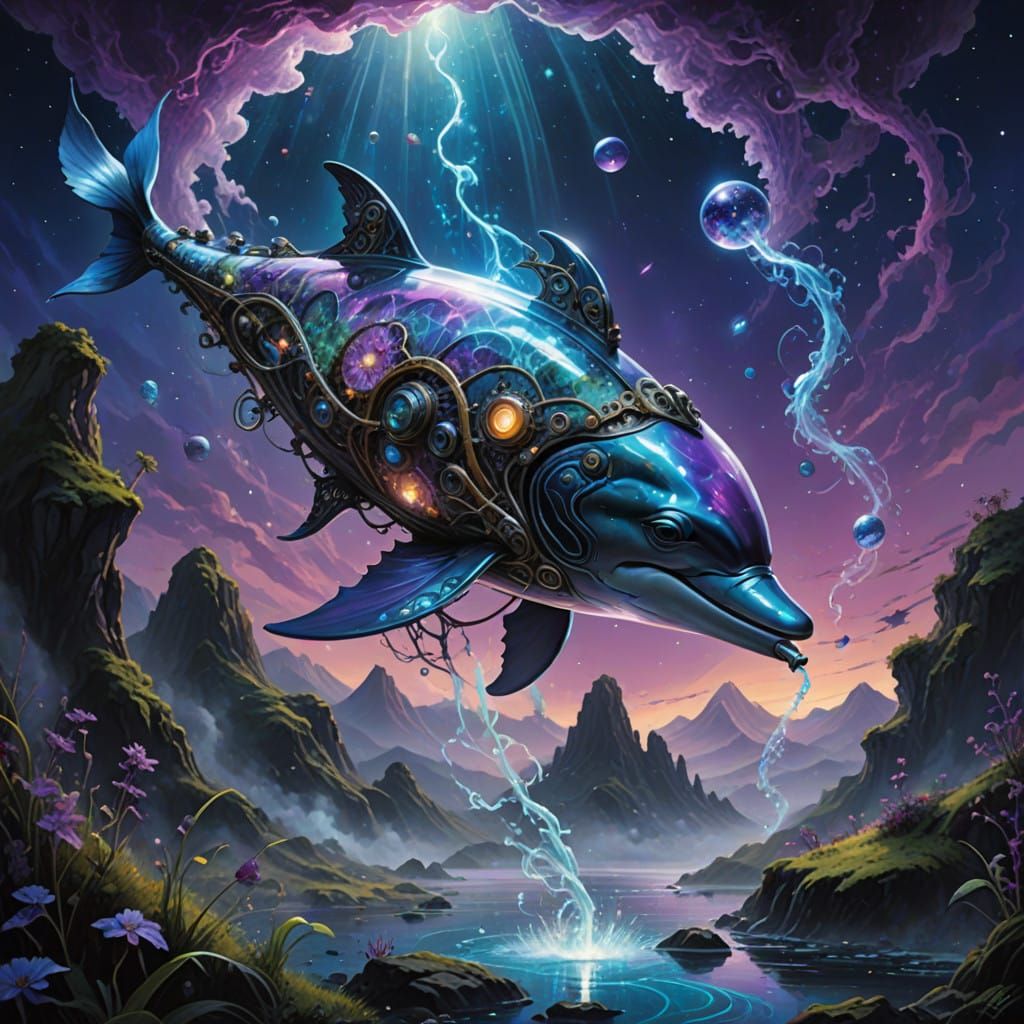 Cyber Dolphin in Dark Fantasy Nebula