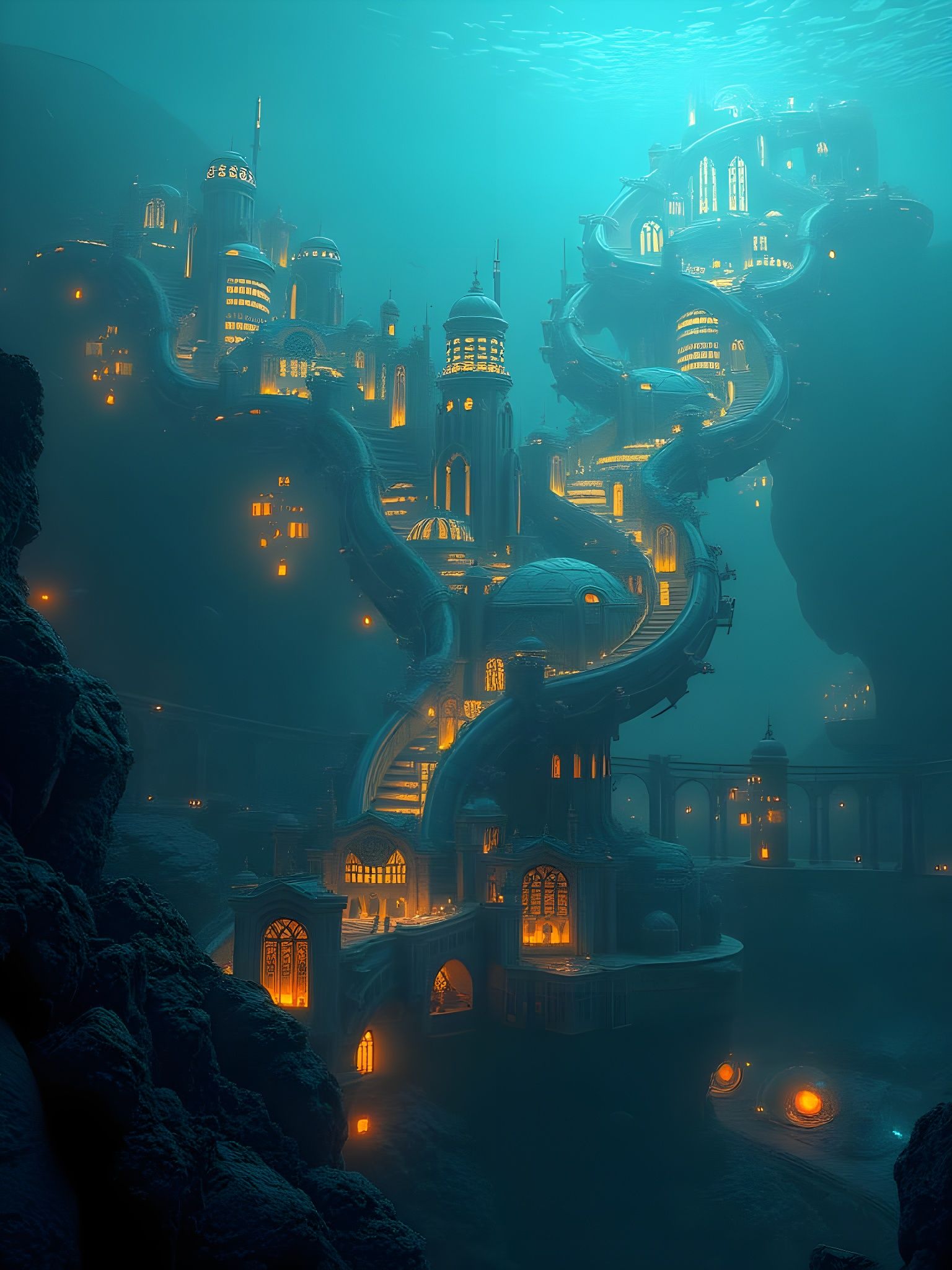 Realistic Deep-Sea City Shaped Like DNA Helix