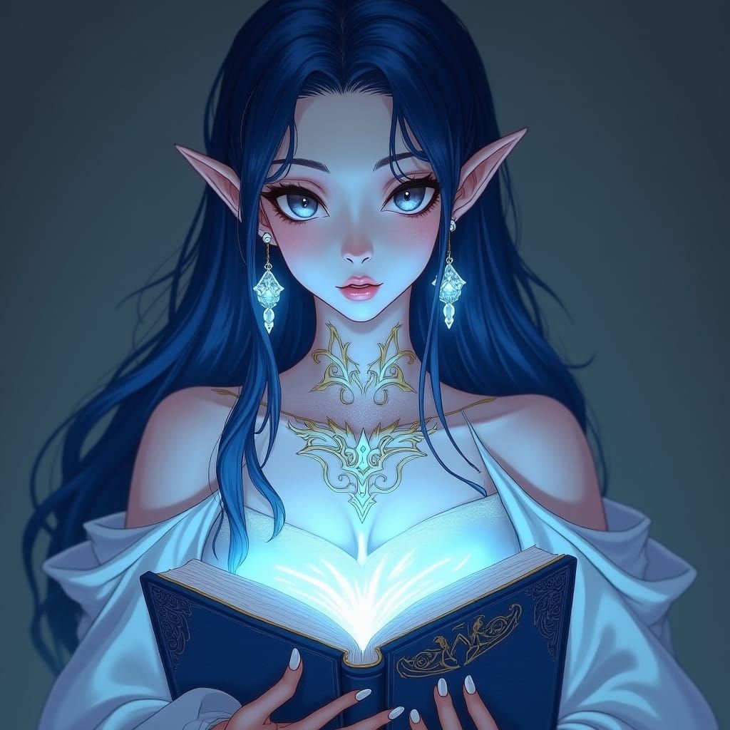 Enigmatic Blue Genie with Magic Tome