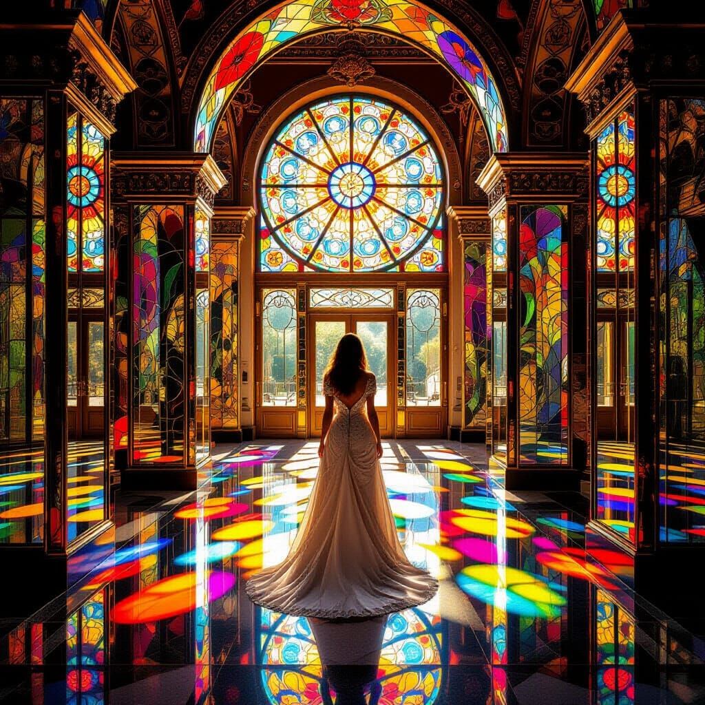 Kaleidoscopic Reflections in Ornate Hall with Stained Glass