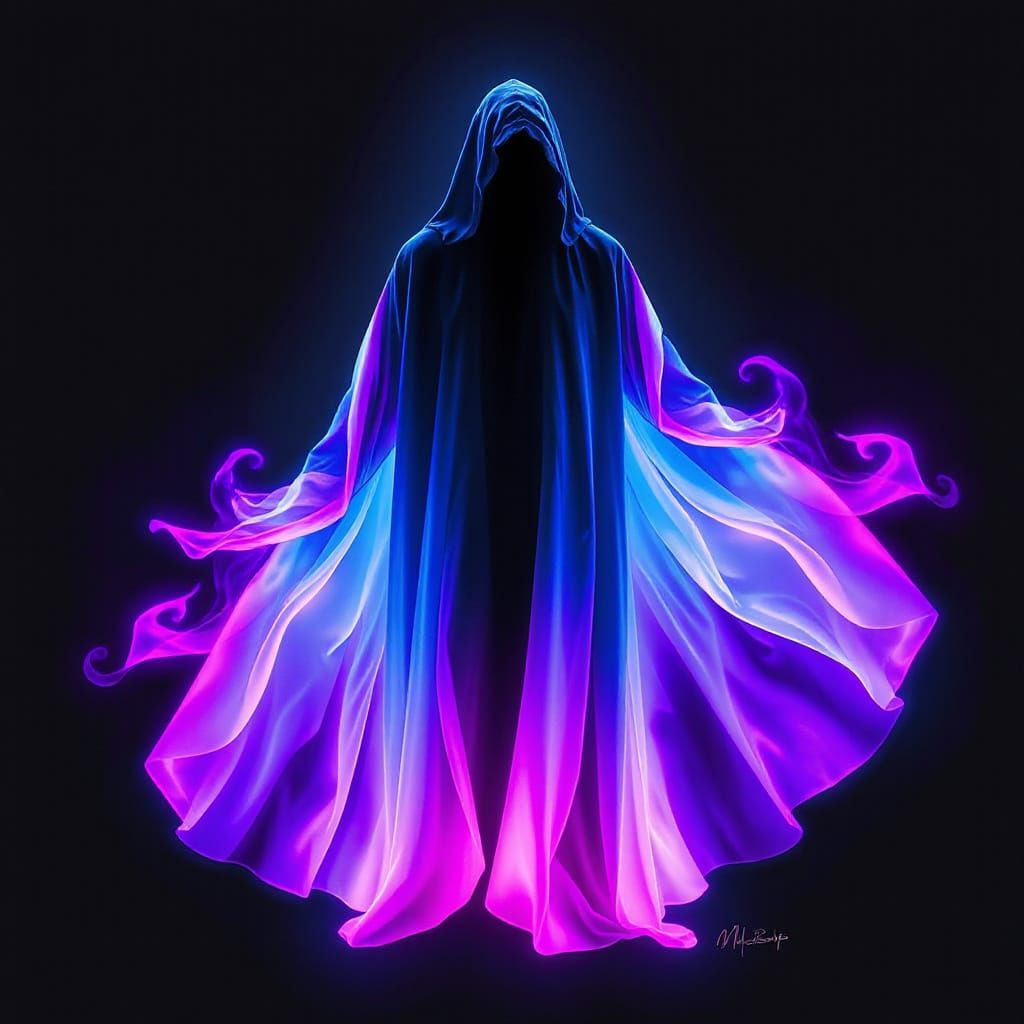 Ethereal Figure in Flowing Neon Robe