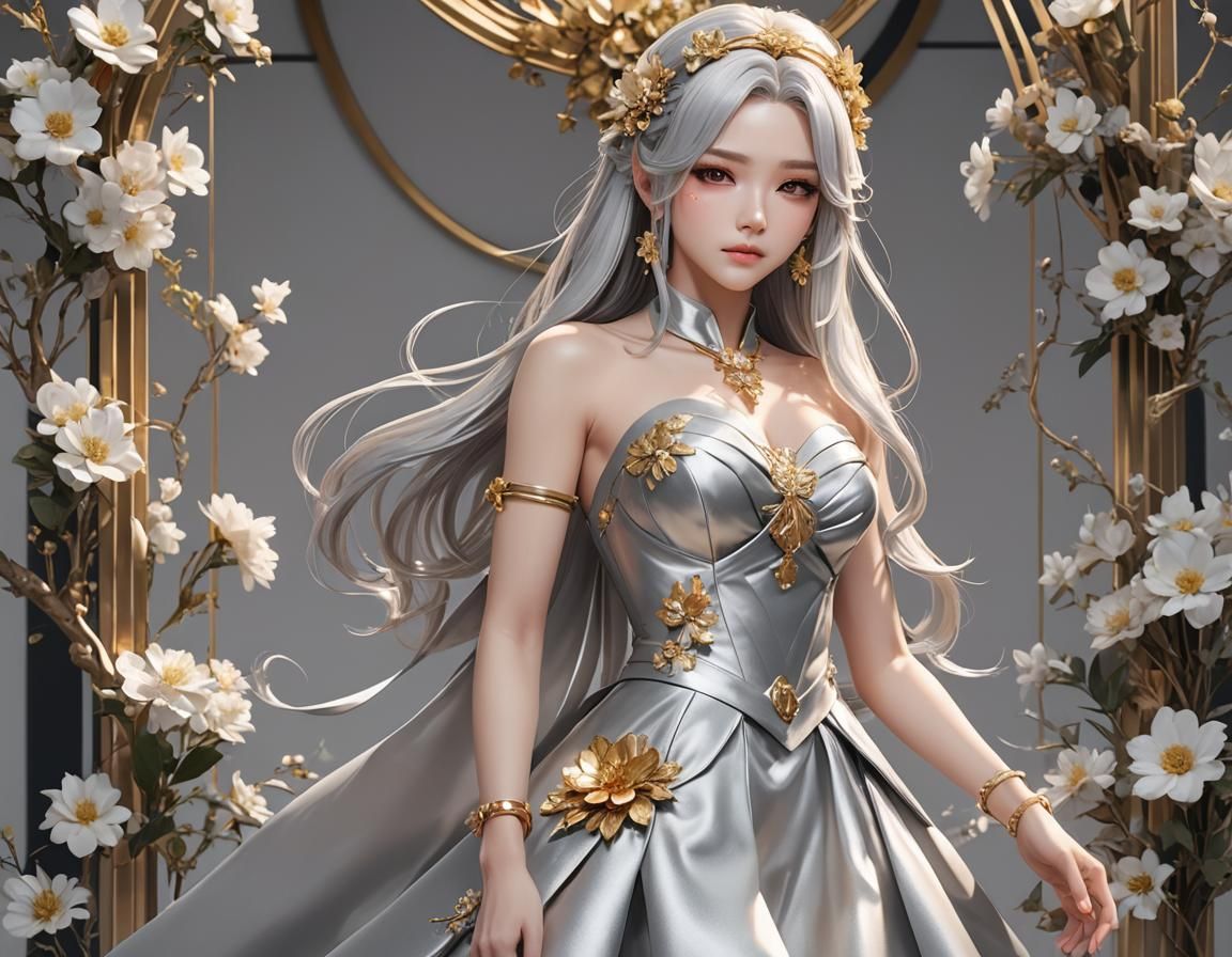 Anime Girl in Silver Dress, 3D Render