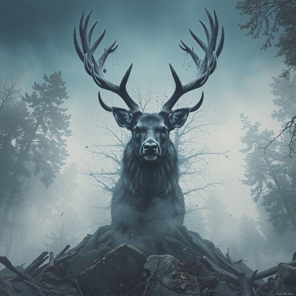 Surreal Stag Portrait in Misty Forest
