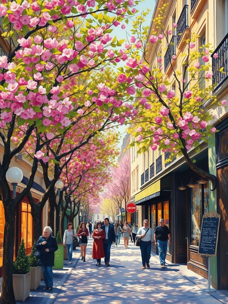 Parisian Shopping Street in Spring, Impressionist Watercolor
