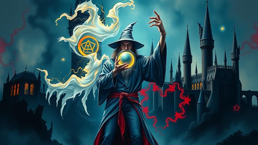Wizard Summons Patronus in Surreal Hogwarts Dreamscape