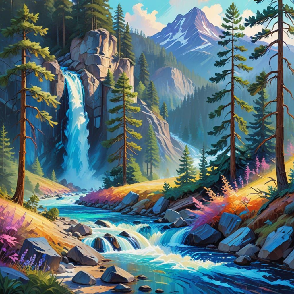 Majestic Mountain Landscape with Blue Waterfall, Fauvist Sty...