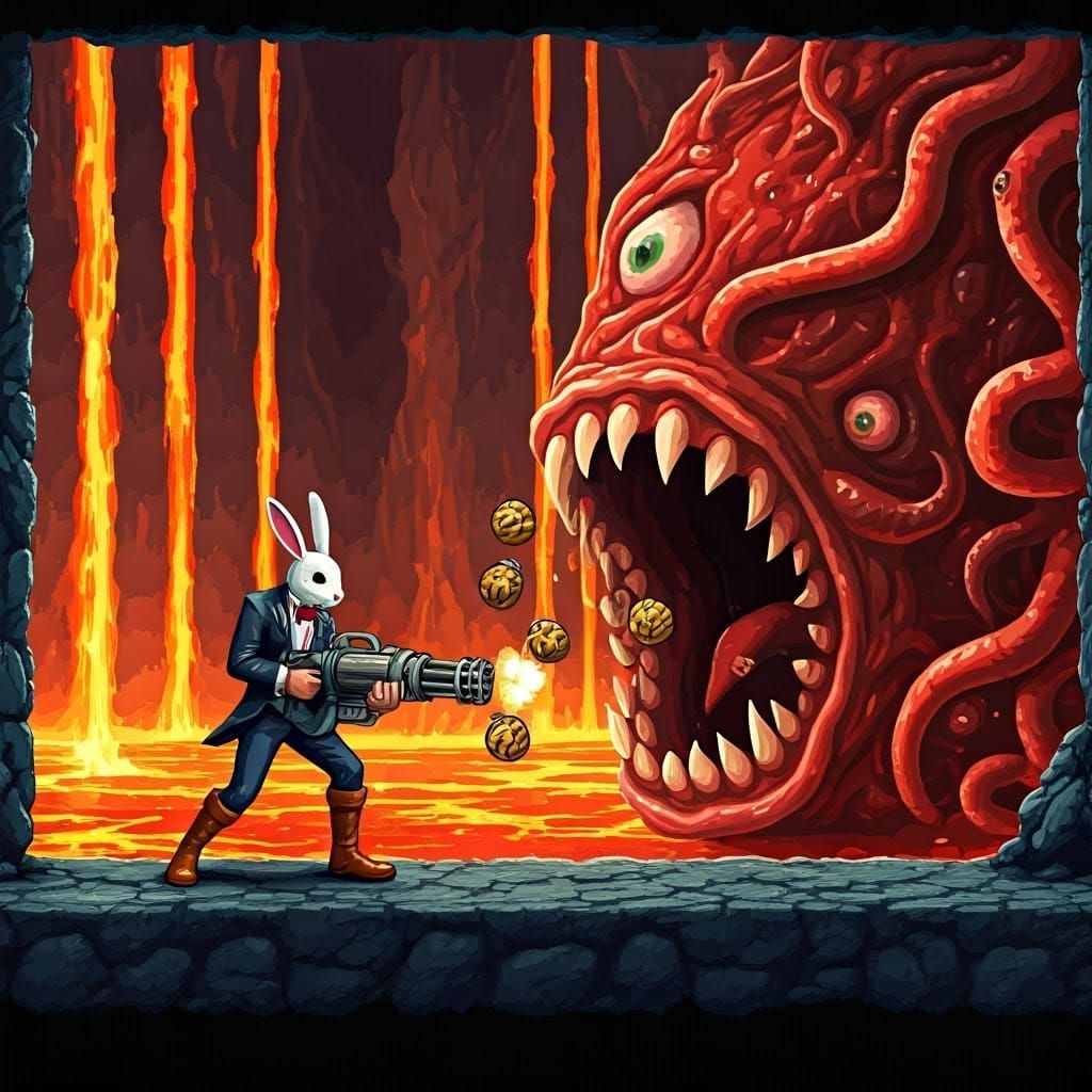 Retro 16-bit Hero Fights Meat Monster in Underworld