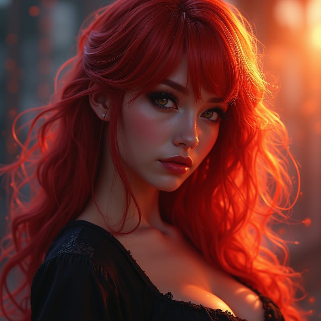 Seductive Goddess in Fiery Locks, a Hyperrealistic Art Piece