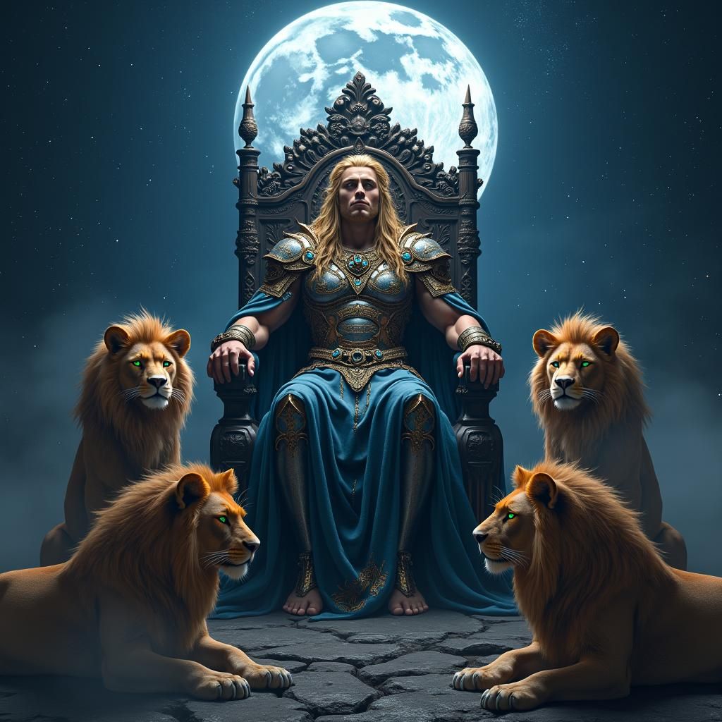 Regal God Enthroned Under Crescent Moon: Fantasy Concept Art