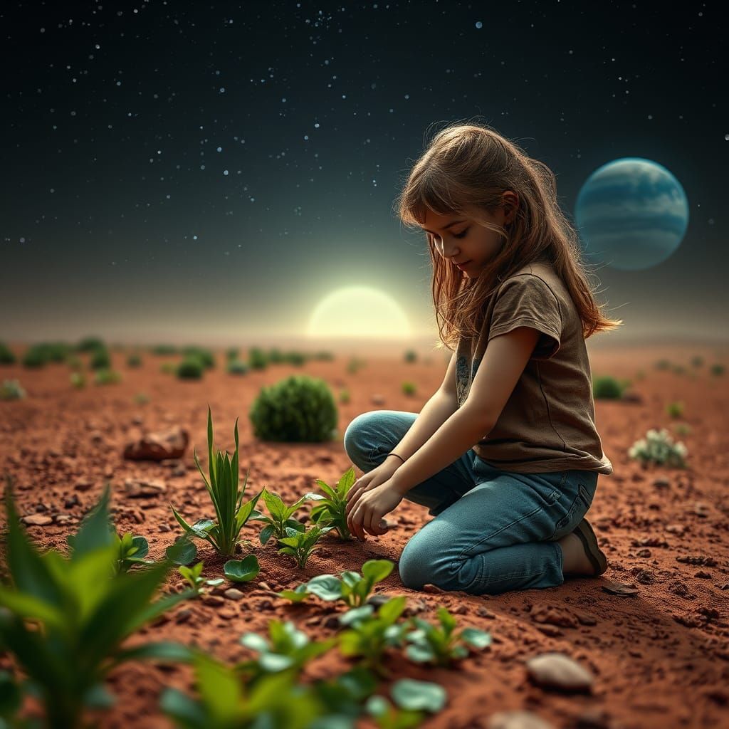 Martian Girl Gardening Under Distant Earth Glow