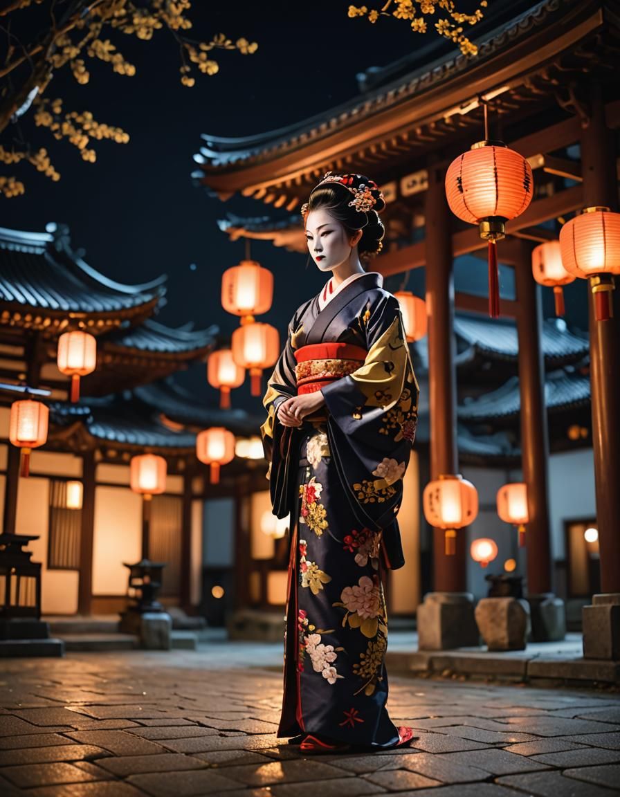 Elegant Geisha in Temple at Night Photography