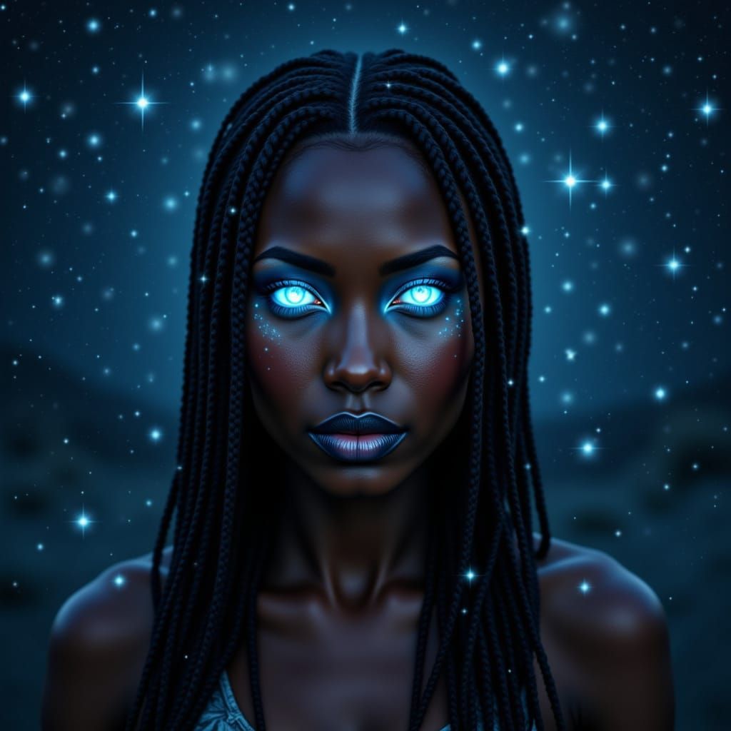 Goddess of Night with Starry Eyes in Dark Fantasy Style