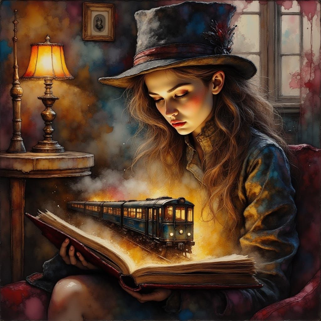 Vintage Train Emerges from Book, Expressive Painting