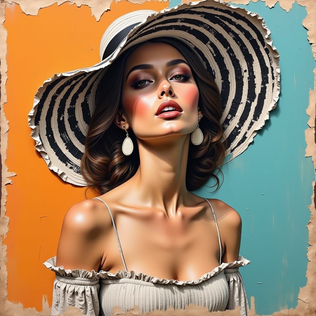 Striking Mixed-Media Portrait of Woman with Striped Hat